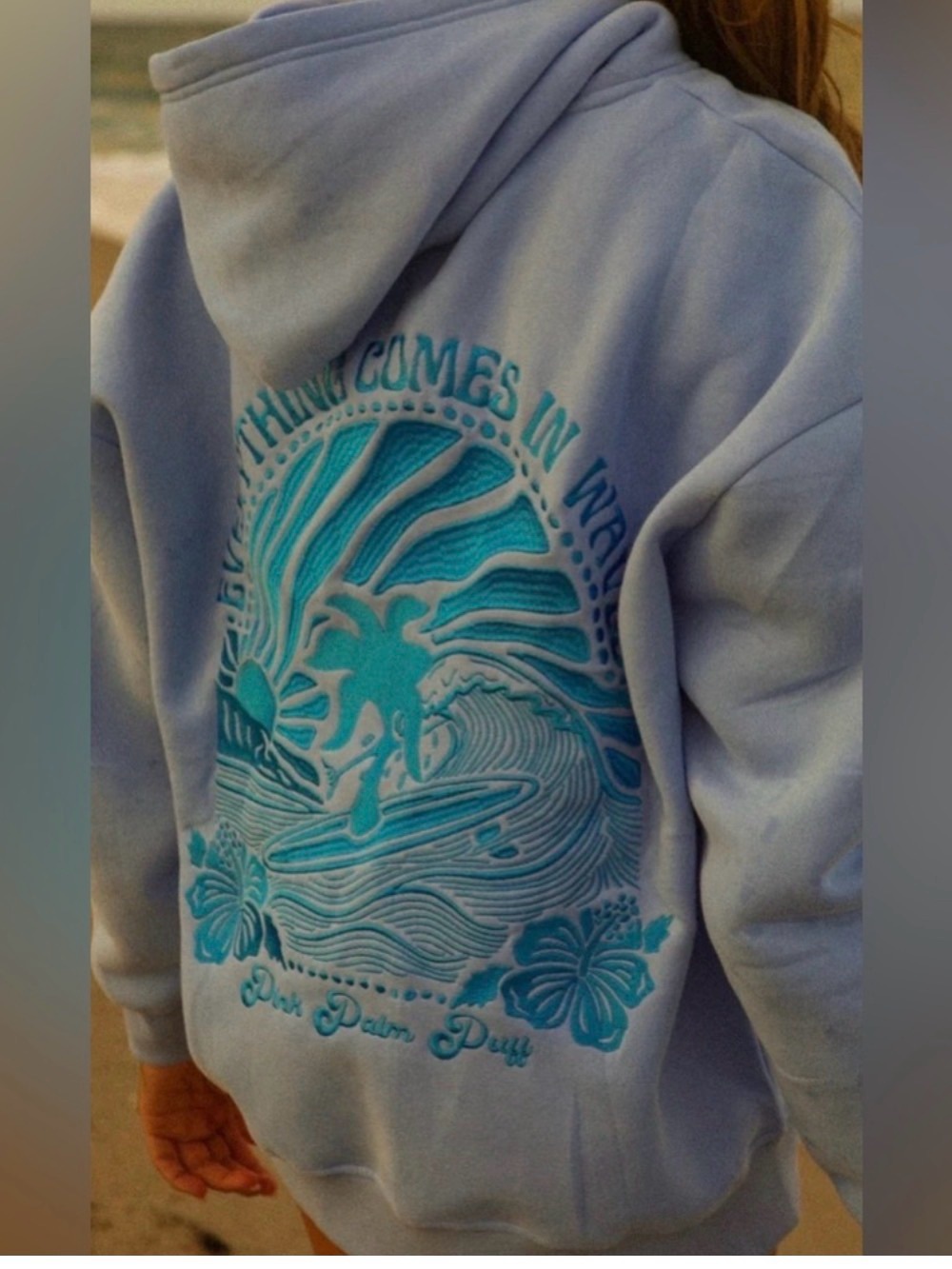 Pink Palm Puff Everything Comes In Waves Hoodie - Blue Sz Large NWOT